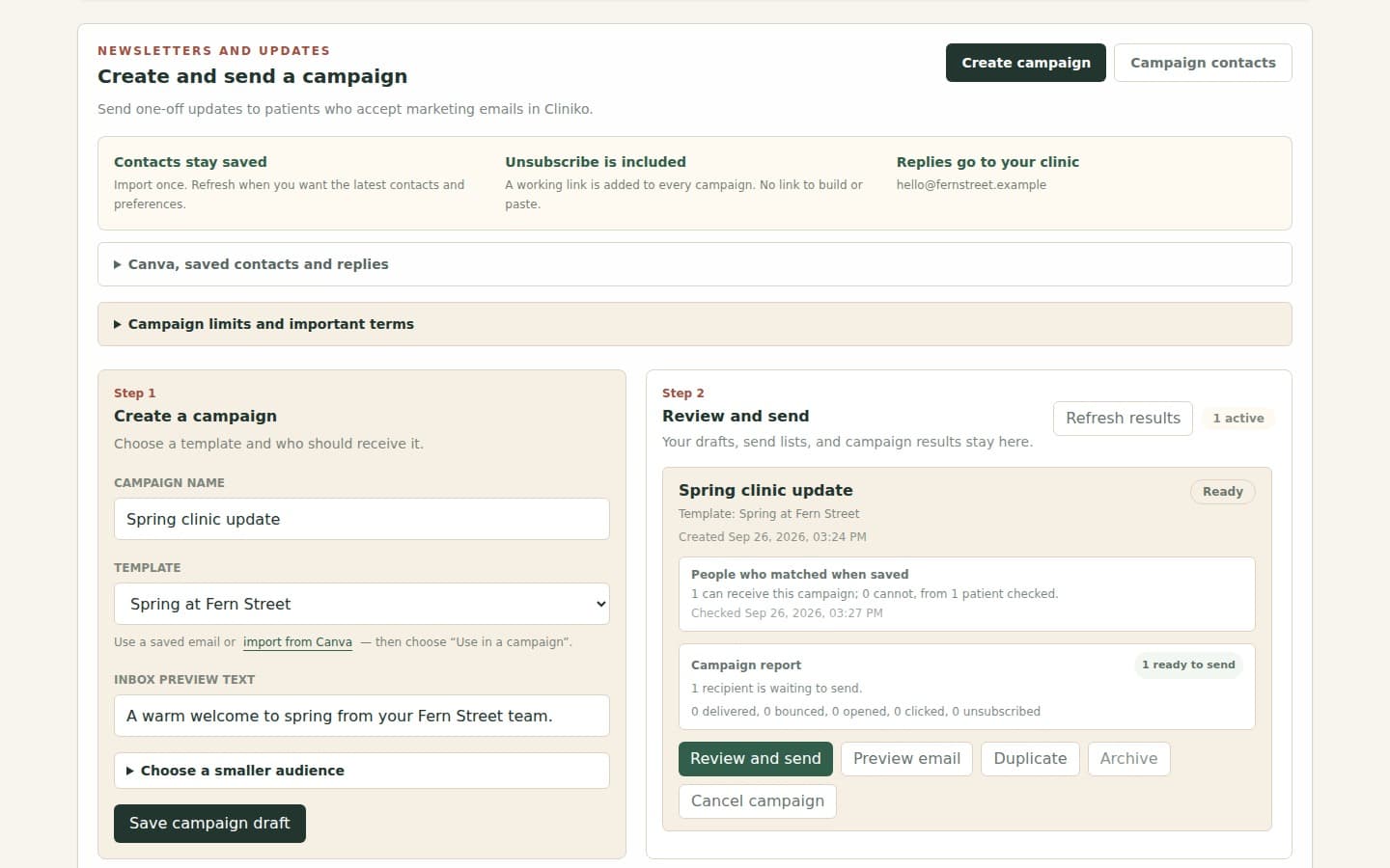 A fictional clinic newsletter being prepared in the campaign builder