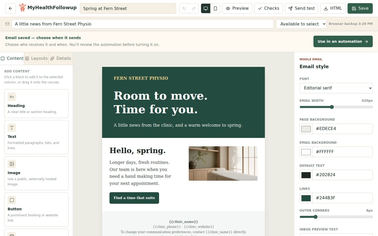 Drag-and-drop email designer showing a fictional clinic email