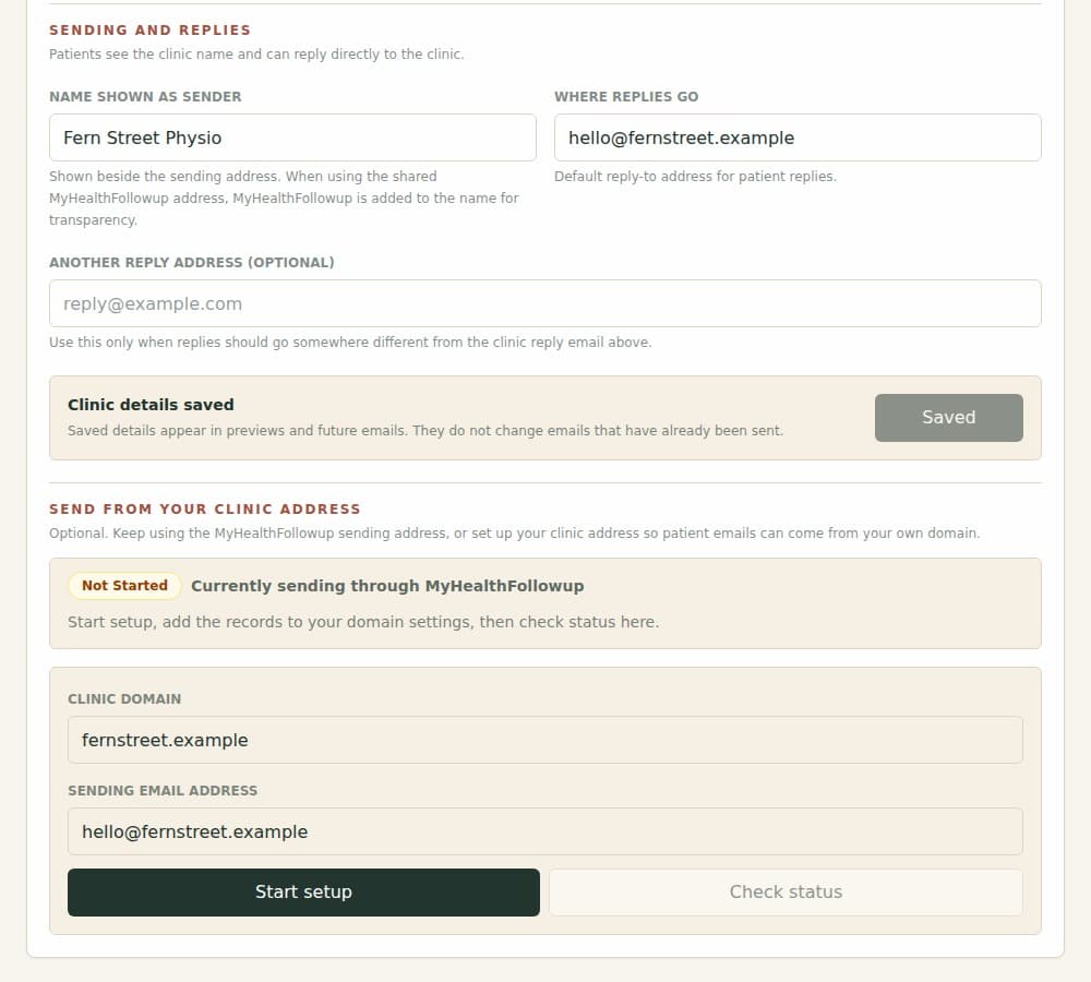Clinic reply address and sending-domain settings with fictional details
