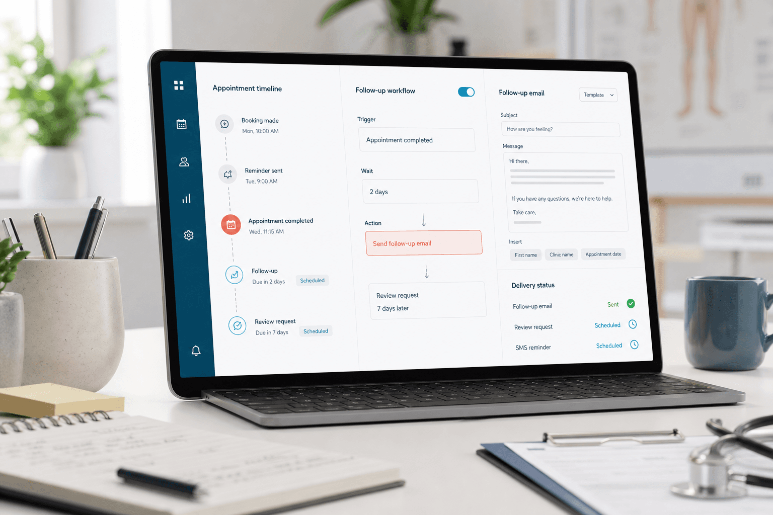 Clinic follow-up workflow with a scheduled review request